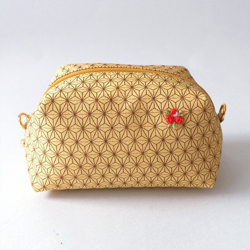 Pouch with Japanese traditional pattern, Kimono (Medium) "Silk" - Toiletry Bags & Pouches - Silk Yellow