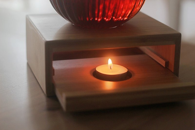 【有好食茶】日式蠟燭竹製雙層溫茶器 茶座  附贈兩個蠟燭 - 茶具/茶杯 - 竹 卡其色