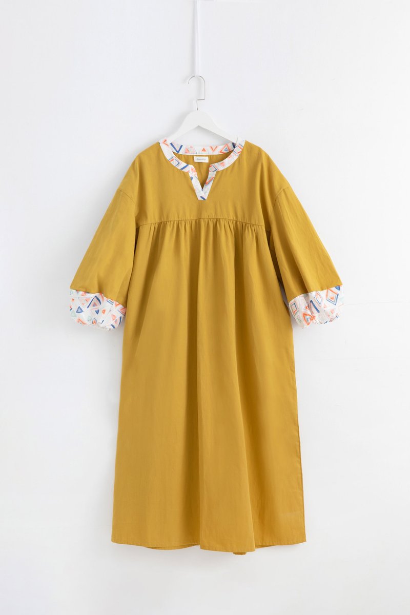 Mustard Sandstone Puffed Sleeve Long Dress - Parent-Child Clothing - Cotton & Hemp 