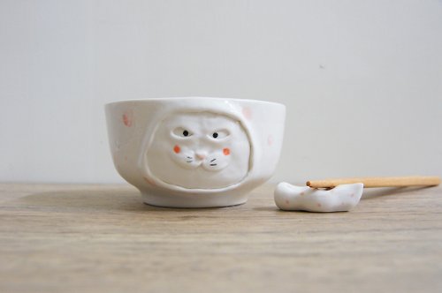 一二土作One Two Ceramic 【陶瓷碗】 瓷器白貓小姐碗 動物碗 420ml