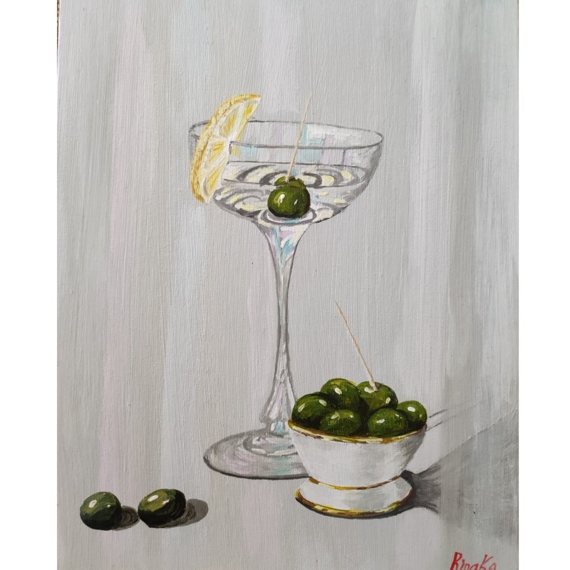 Martini Glass Still Life Original Acrylic Art Framed Painting By RinaArtSK - Wall Décor - Other Materials Gray