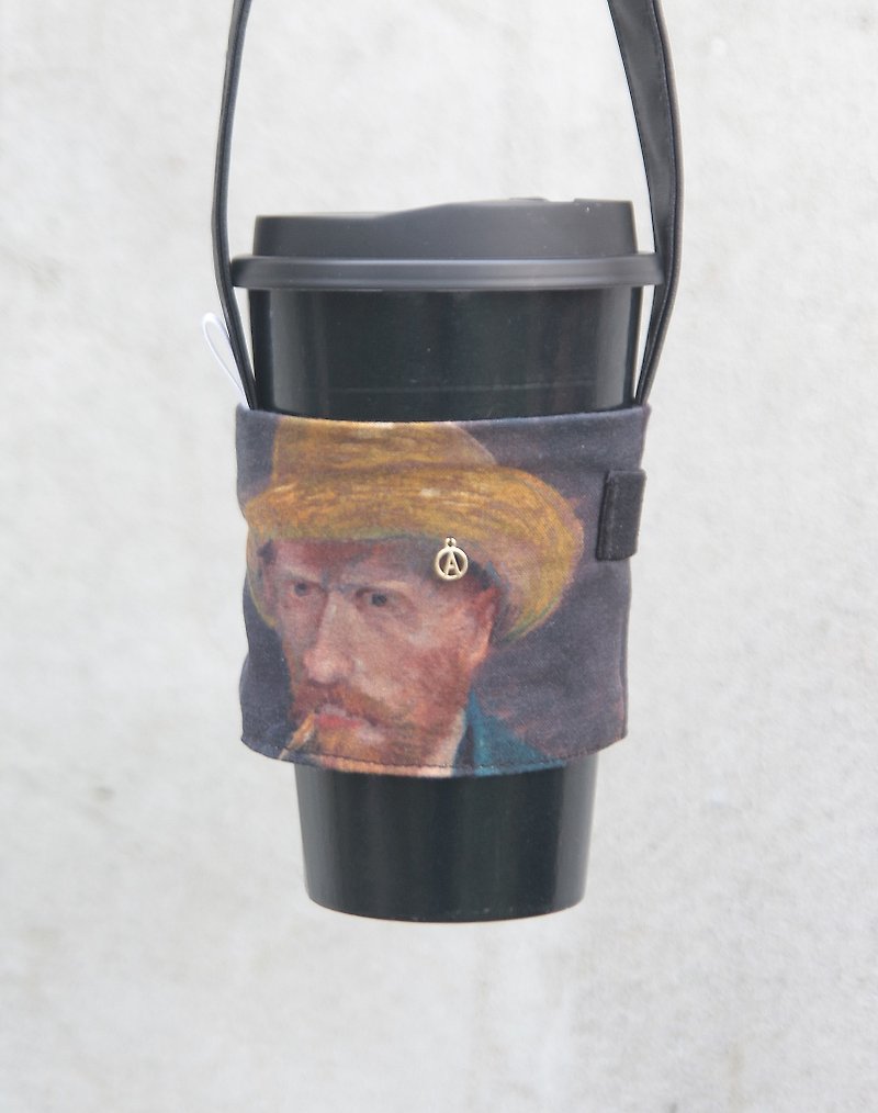 【畫廊系列】Vincent　油畫筆觸　皮革提帶 杯套 客製化 - 飲料提袋/杯袋/杯套 - 棉．麻 黑色