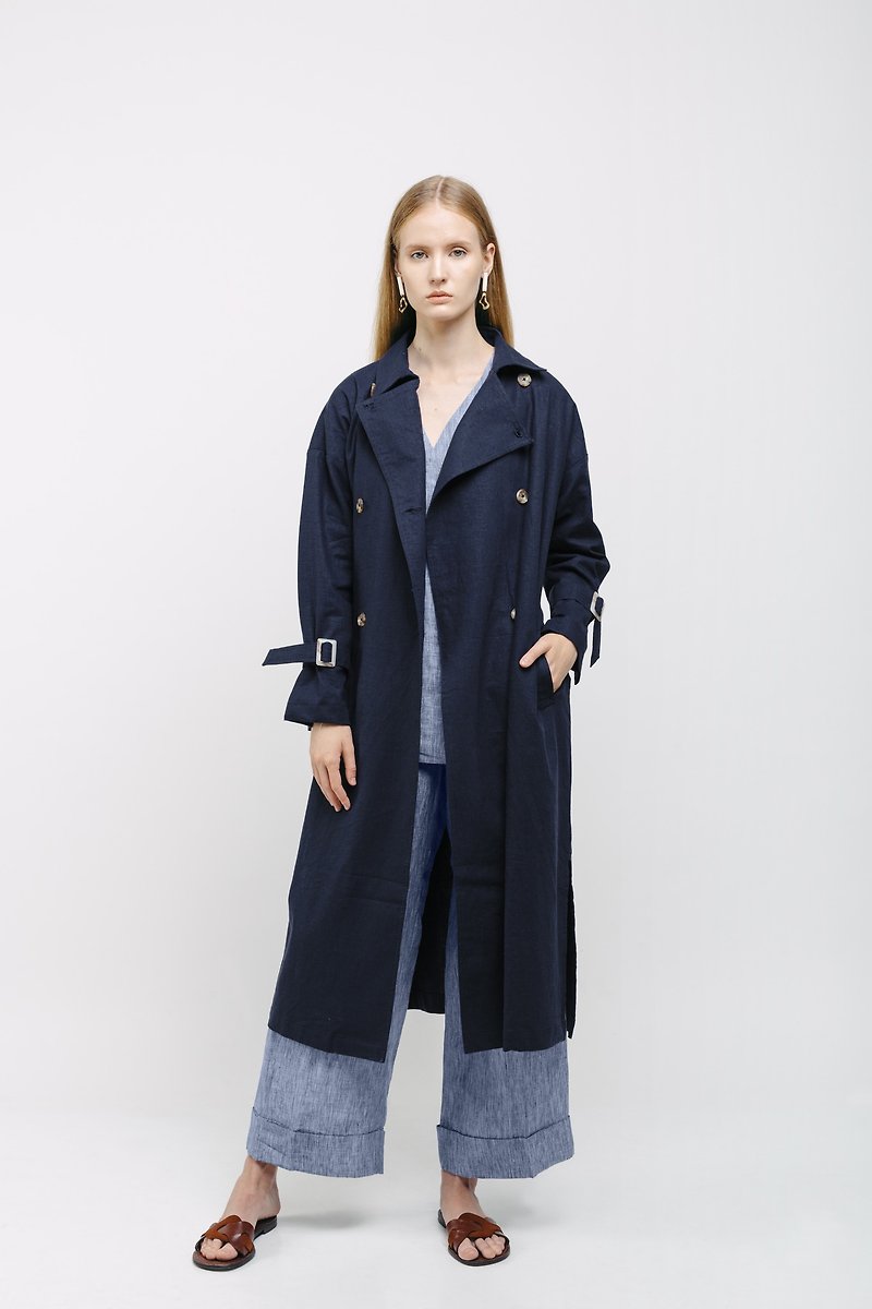 Dark Blue Oversized Linen Trench Coat - เสื้อสูท/เสื้อคลุมยาว - ลินิน สีน้ำเงิน