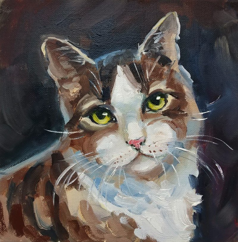 Original oil painting on canvas Portrait of a cat Impressionism Hand painted 20x - Wall Décor - Other Materials Brown