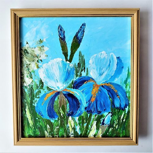 Artpainting Irises painting wall decoration Blue flowers hanging painting original art 藍染
