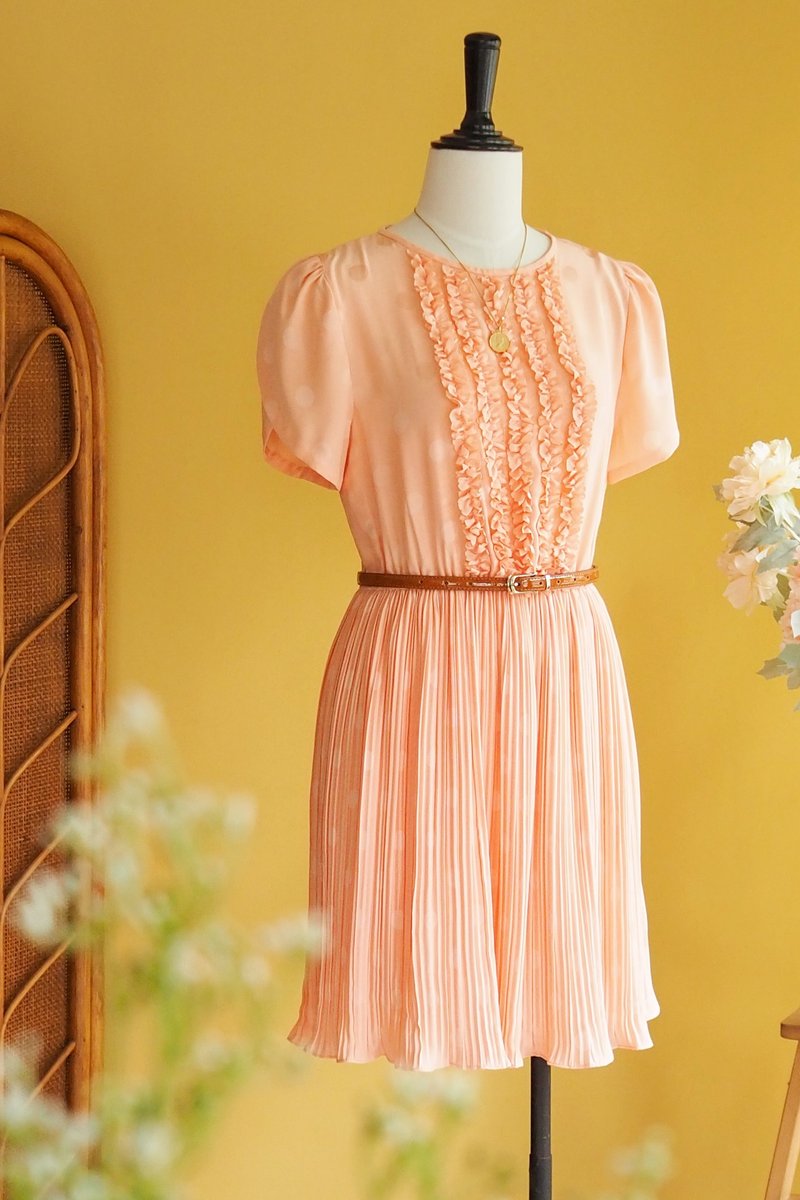 古著洋裝 | Size M Old rose with lovely detail pleated - 洋裝/連身裙 - 聚酯纖維 橘色