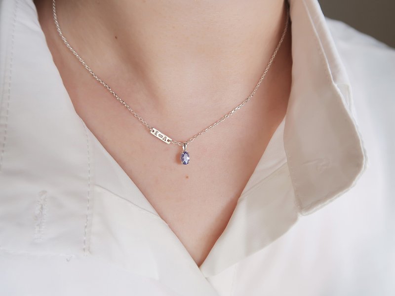 925 sterling silver Stone oval chain customized lettering necklace clavicle chain long chain free packaging - สร้อยคอ - เงินแท้ สีน้ำเงิน