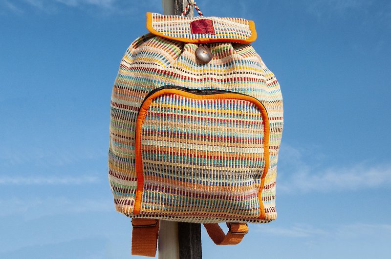 Natural Hand Woven Rainbow Colorful Canvas School Bag Backpack Backpack Shoulder Bag Travel Bag-Orange - กระเป๋าเป้สะพายหลัง - ผ้าฝ้าย/ผ้าลินิน หลากหลายสี