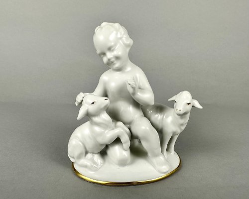 HappyDuckVintage 獨特的複古瓷雕像小天使與小羊 Gerold & Co. Tettau 巴伐利亞