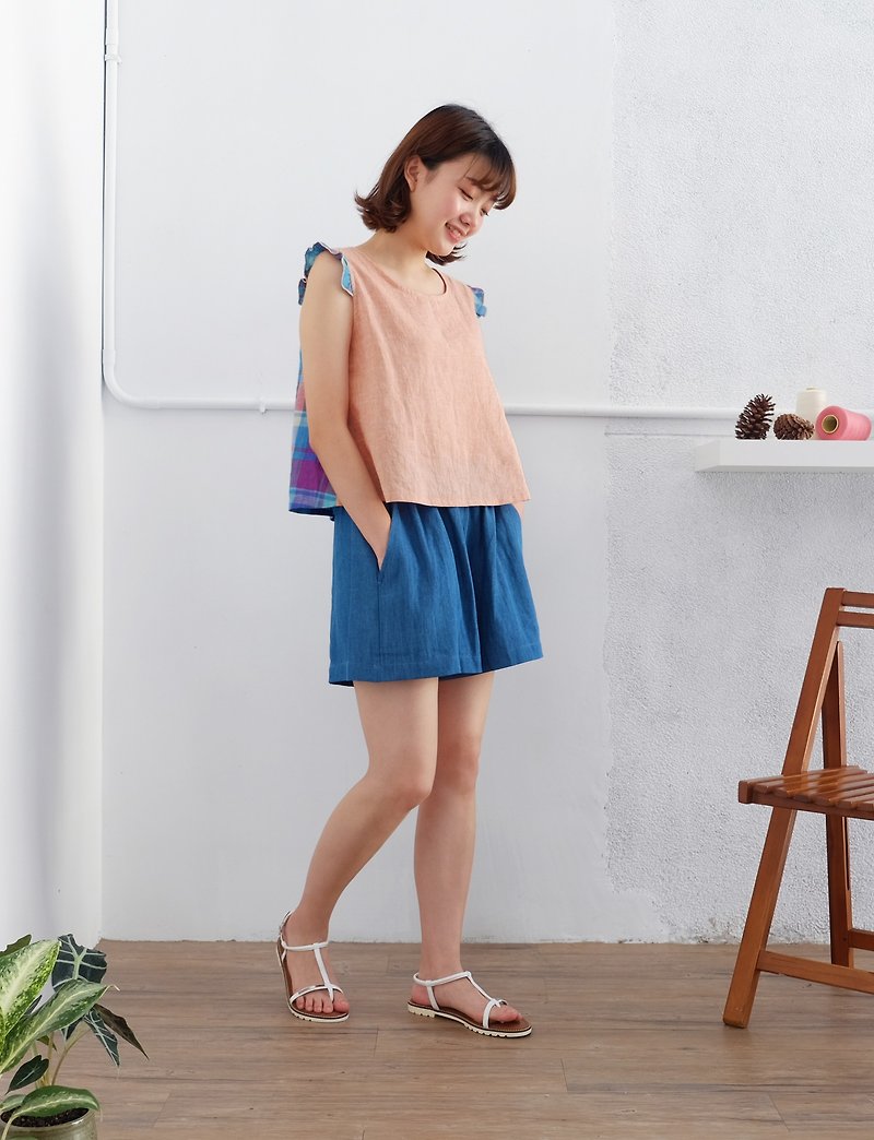 小翅膀上衣 - 粉嫩莓果 - 日本棉麻、格紋、背心、短版 - 女裝 上衣 - 棉．麻 