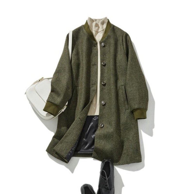 The star outerwear for the coming season: Wool blend herringbone fabric blouson coat, green 231013-3 - เสื้อแจ็คเก็ต - ขนแกะ 