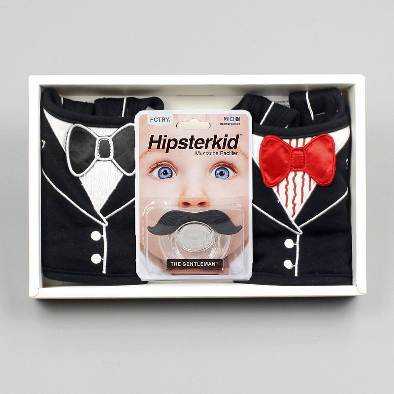 美國FMC X Hipsterkid 男嬰禮盒 - 兜兜好3件組(圍兜+奶嘴) - 滿月禮物 - 棉．麻 黑色