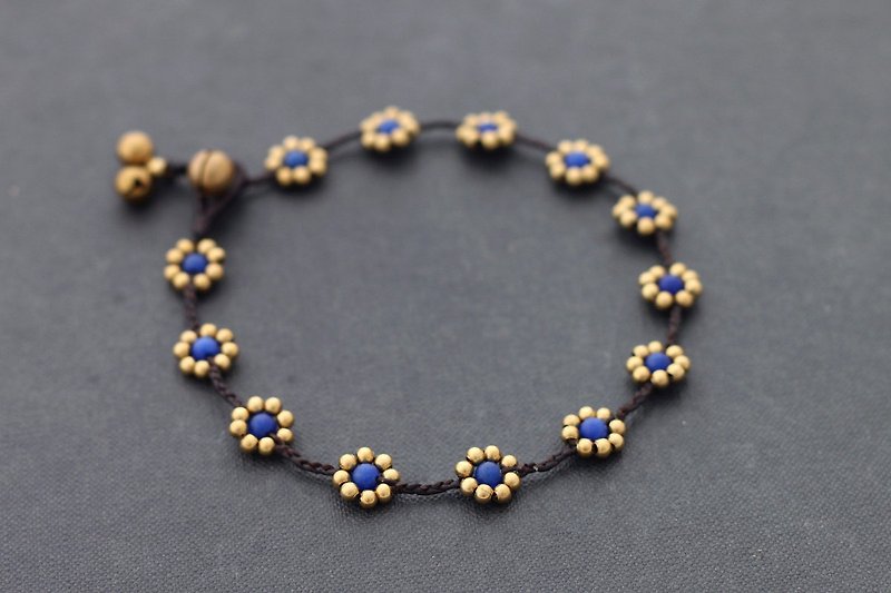 Lapis Daisy Brass Braided Anklets, Brass Beads Woven Beaded Ankles Bracelets - กำไลข้อเท้า - ผ้าฝ้าย/ผ้าลินิน สีน้ำเงิน