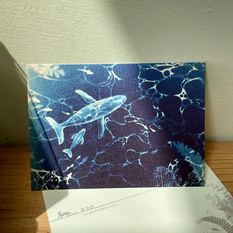 【Glittering Waves】Cyanotype Art Postcard- Humpback Whale/Mother and Calf/Diving - Cards & Postcards - Paper Blue