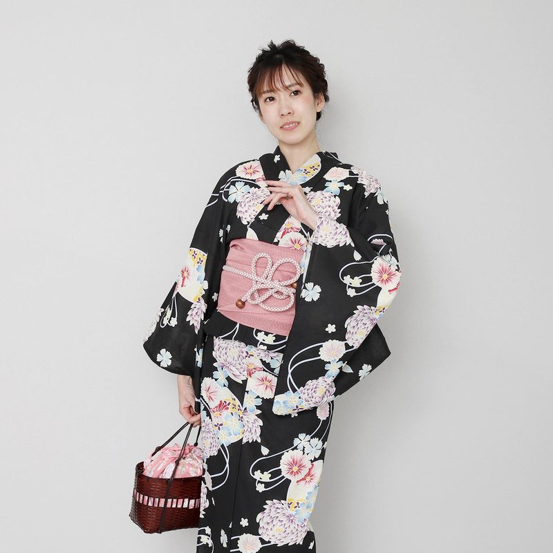 Women's yukata and obi 2-piece set F size x27-46 yukata - อื่นๆ - ผ้าฝ้าย/ผ้าลินิน สีดำ