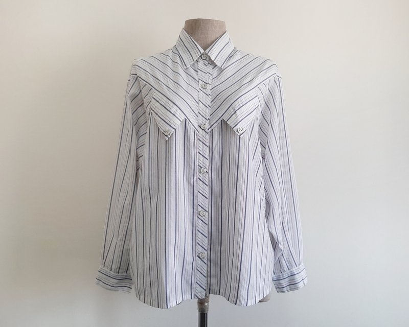 Vintage Rainbow Striped Cotton Shirt Womens White Long Sleeve Collared Blouse XL - Women's Tops - Cotton & Hemp White