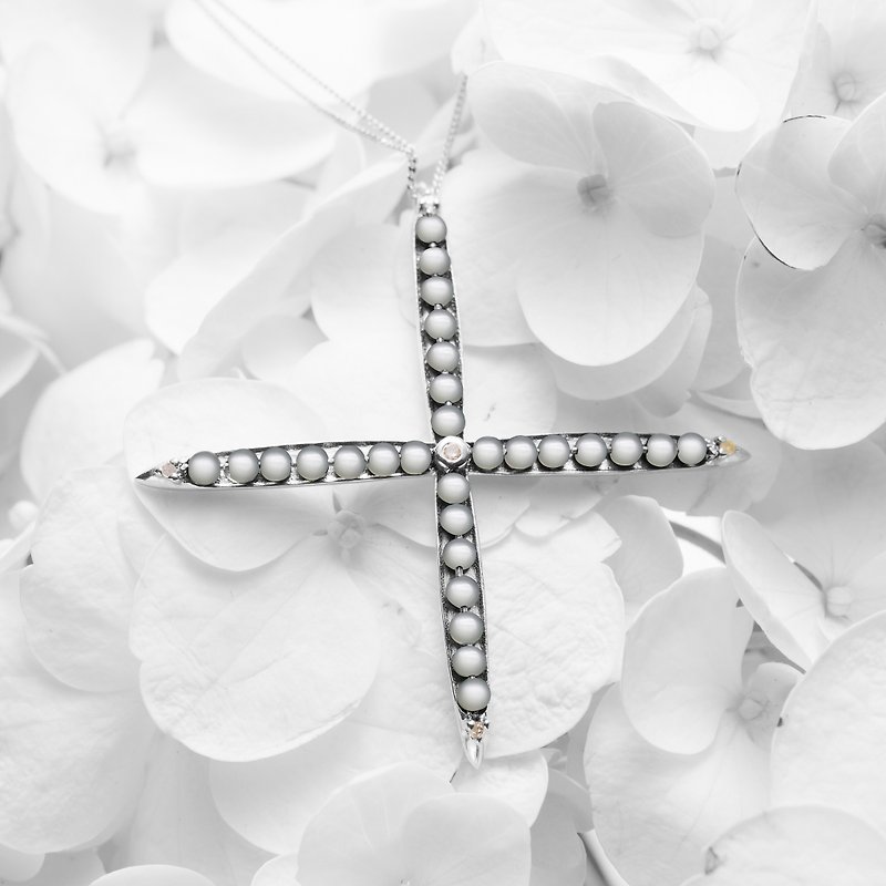 月光石純銀十字架項鍊 白色個性項鍊 925銀鎖骨鍊 特別誕生石飾品 - 鎖骨鍊 - 半寶石 白色