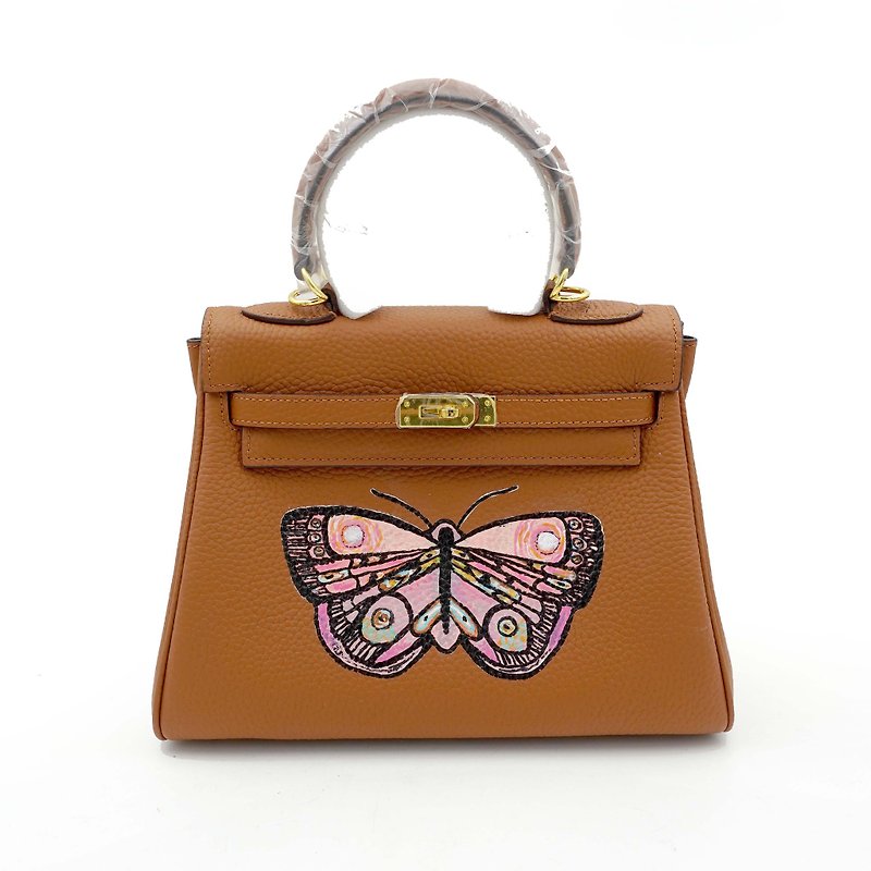 GOOKASO customized brown leather cow leather KELLY hand-painted butterfly bag 28cm shoulder bag - Messenger Bags & Sling Bags - Genuine Leather Brown