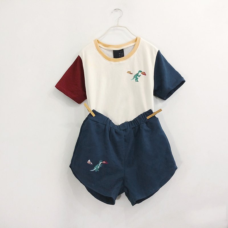 dinosaur embroidery set / top shirt + shorts - 其他 - 棉．麻 多色