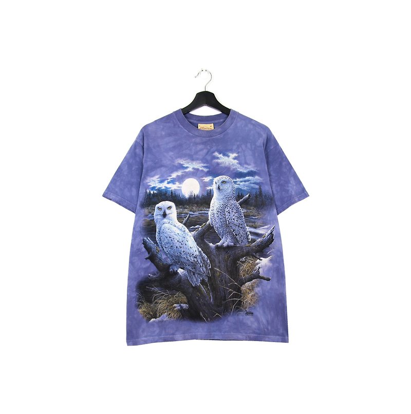 Back to Green: Hand-stained Snow White Owls for men and women to wear vintage t-shirt - เสื้อยืดผู้ชาย - ผ้าฝ้าย/ผ้าลินิน 