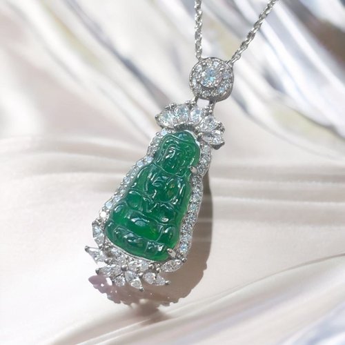 瓔珞珠寶盒 E.L.Jewelry Box 冰種老坑綠翡翠觀音菩薩項鍊 925純銀 | 天然緬甸玉翡翠A貨
