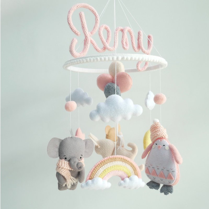 baby mobile Can install baby names, set of bears, penguins, elephants, rabbits (size 45 inches) - Kids' Toys - Eco-Friendly Materials Pink
