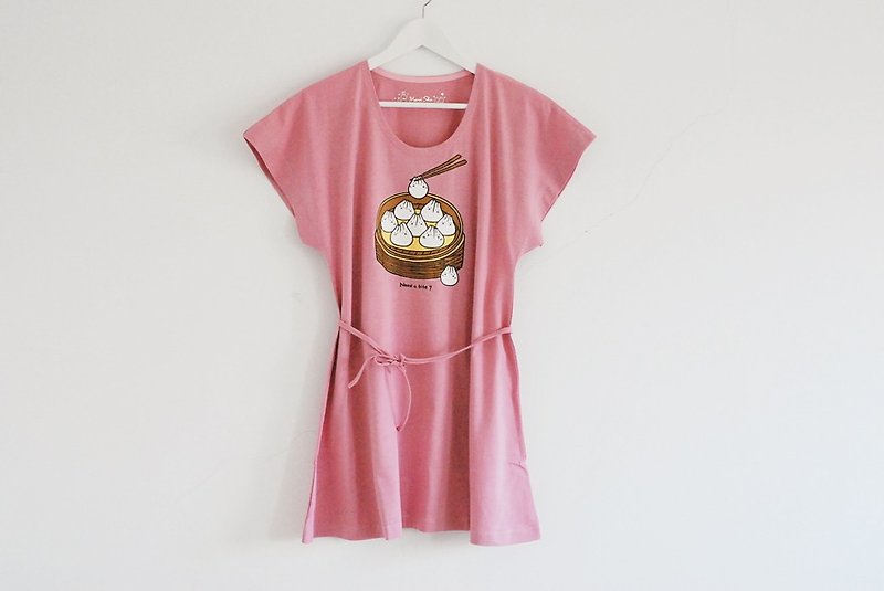 Mochi Rabbit dumpling小籠包dress - One Piece Dresses - Cotton & Hemp Pink