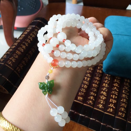純天然碧玉、和田玉ブレスレット 和田白玉 7mm 108珠 ブレスレット、朝珠、ネックレス 天然和田碧玉を