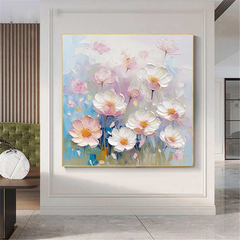 花語 手繪花卉裝飾畫肌理抽象畫餐廳客廳掛畫現代田園風治癒風 - 海報/掛畫/掛布 - 亞麻 粉紅色