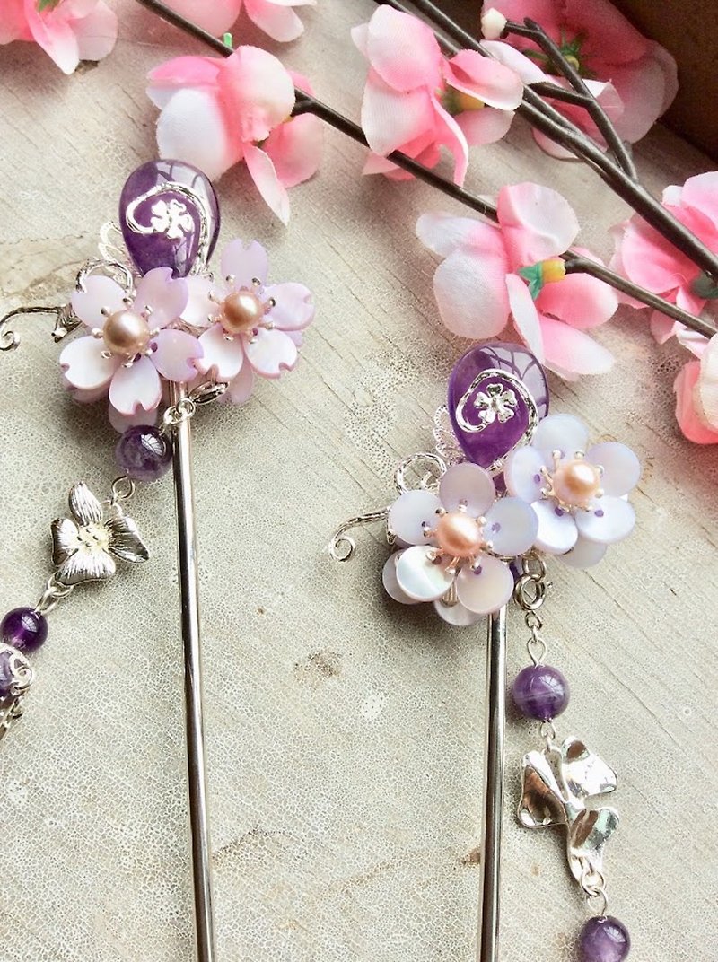 Meow Handmade~Chinese style double-sided natural amethyst plum (cherry blossom) hairpin - Hair Accessories - Other Materials Purple