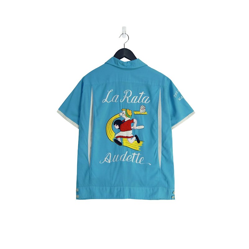 A‧PRANK :DOLLY :: 60sDuck water blue lost ball running men's embroidery bowling shirt T807041 - Men's Shirts - Cotton & Hemp Blue