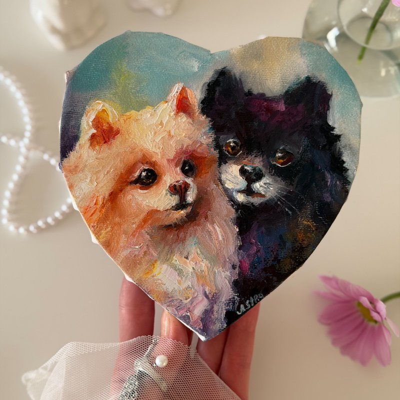 Dog oil original painting, Pomeranian dog lovers gift, Romantic gift, Heart art - ตกแต่งผนัง - ผ้าฝ้าย/ผ้าลินิน หลากหลายสี