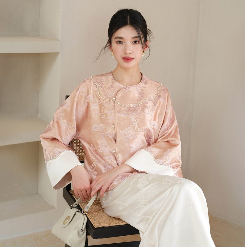 【溫婉提花】新中式復古中國風 斜襟上衣/ 半裙 - 女上衣/長袖上衣 - 其他材質 粉紅色