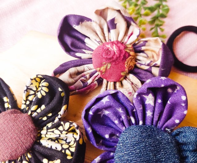 ハンドメイド お花 シュシュ ヘアゴム フラワー ビーズ ピンク