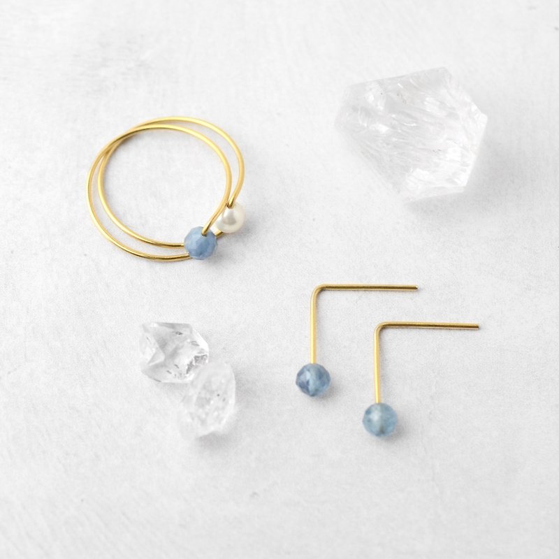 Aquamarine earrings and ring set 3way ring surgical Stainless Steel shell pearl birthday gift - Earrings & Clip-ons - Semi-Precious Stones Blue
