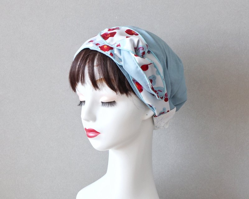 Watercolor flower lover sash ribbon and sky blue hair turban Medical cap/Care cap Care cap - เครื่องประดับผม - ผ้าฝ้าย/ผ้าลินิน สีน้ำเงิน