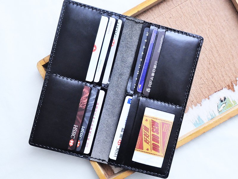 10 card slots, photo clip, well-stitched leather material bag, free lettering, Italian vegetable tanned long wallet - Leather Goods - Genuine Leather Black