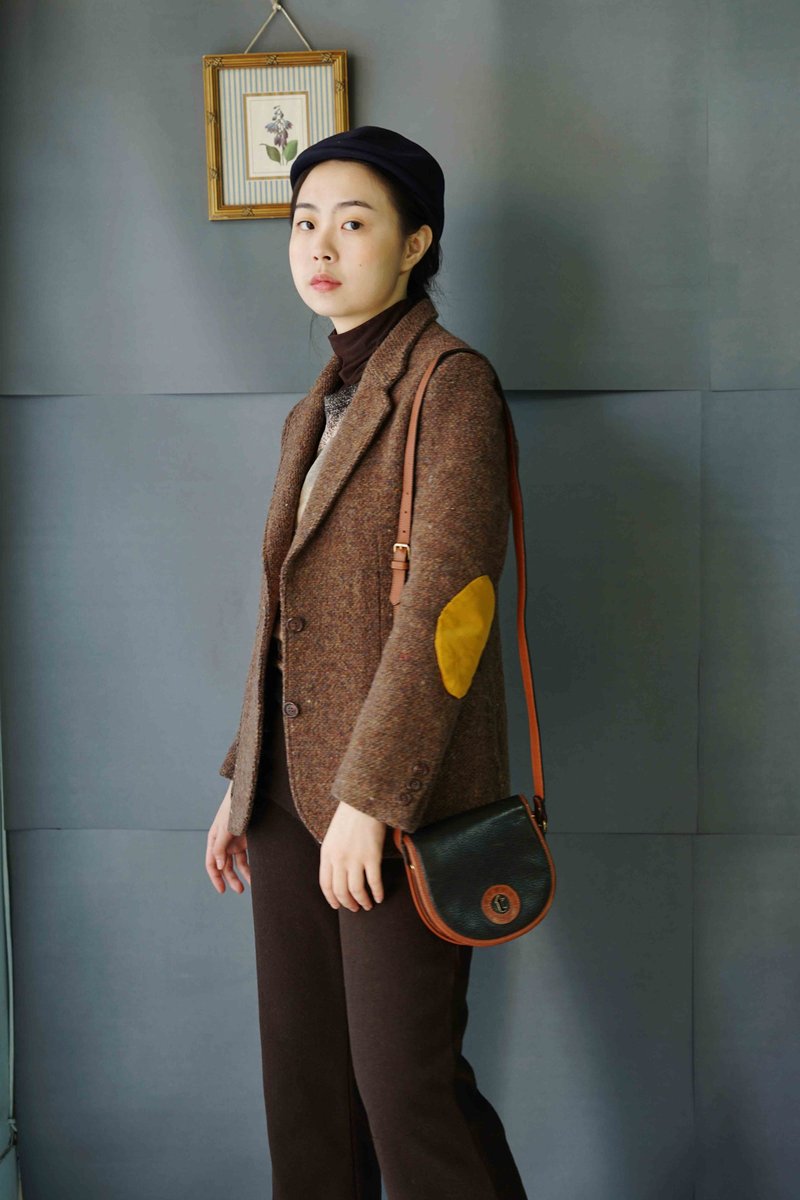 尋寶古著-深咖啡復古毛呢補丁西裝外套for zoezoe勿下單 - 女西裝外套 - 羊毛 咖啡色