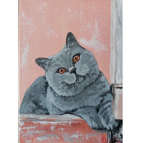 RinaArtSK 灰貓寵物肖像原創藝術手繪獨特牆面裝飾 RinaArtSK 出品