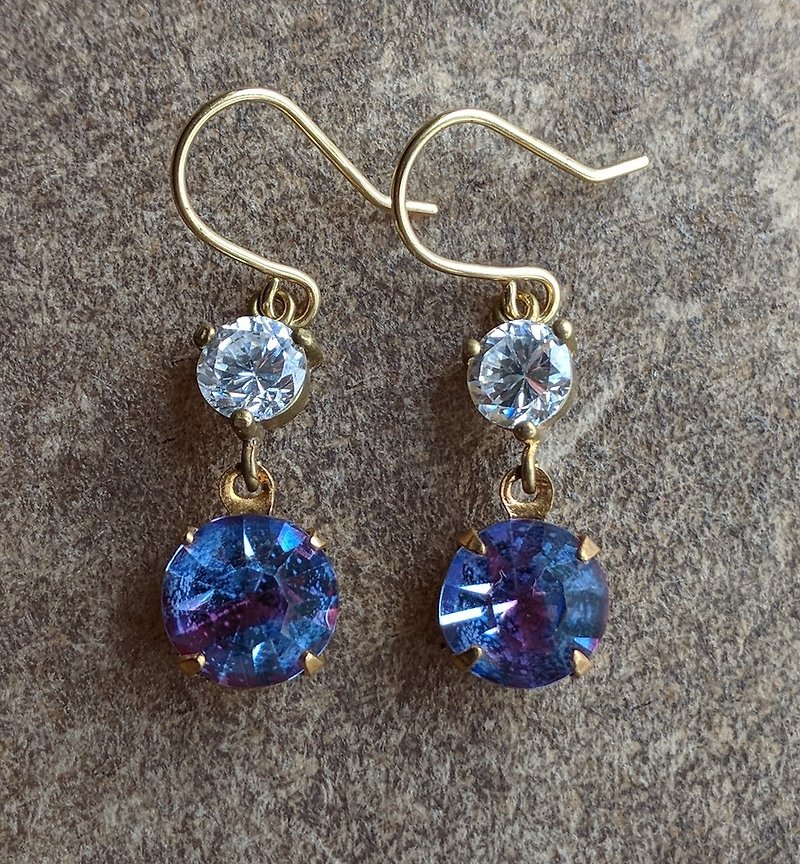 藍紅古董玻璃鋯石耳環 - 耳環/耳夾 - 玻璃 