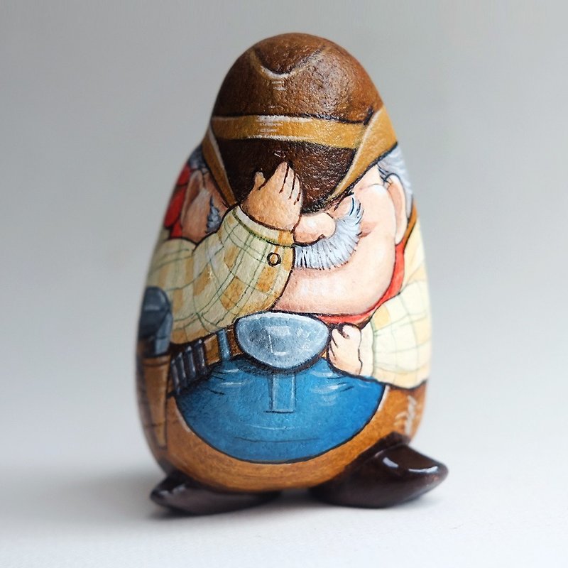 Cowboy stone painting handmade gift. - Items for Display - Stone Brown
