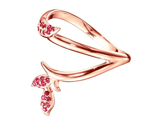 Majade Jewelry Design 密釘鑲紅寶石14k金結婚戒指 另類植物訂婚戒指 非傳統樹枝戒指
