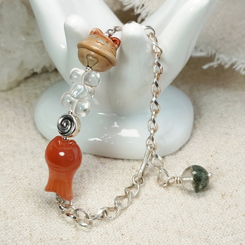手鍊 阿拉善瑪瑙 貓鈴鐺 緋紅瑪瑙 魚 白水晶 綠幽靈水晶 925銀飾 - 手鍊/手環 - 寶石 