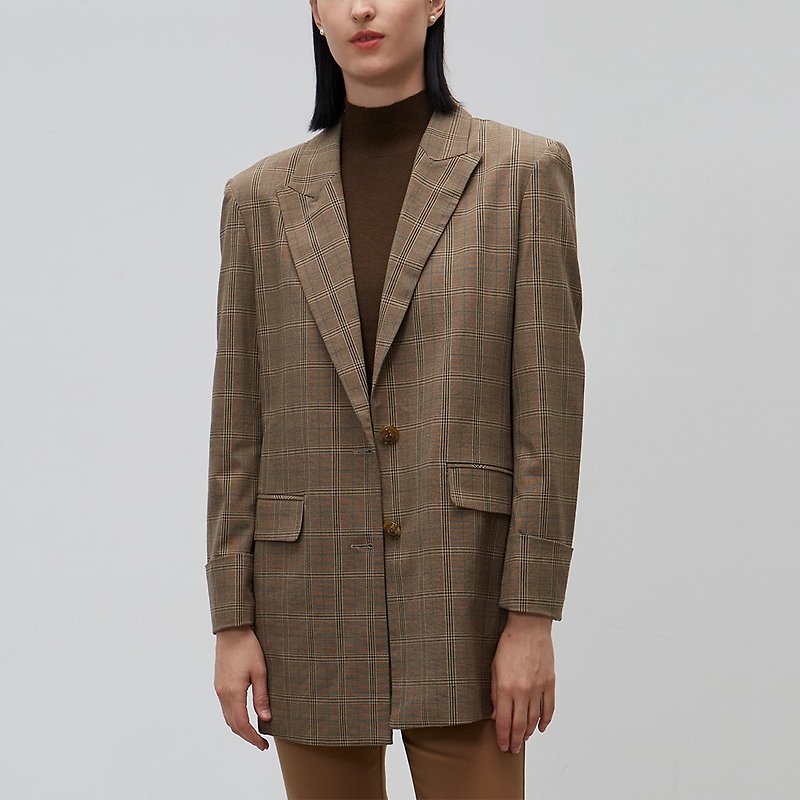 Check Ribbon Open Button Blazer│Who Cares Taiwan Clothing Brand - Women's Blazers & Trench Coats - Polyester Brown