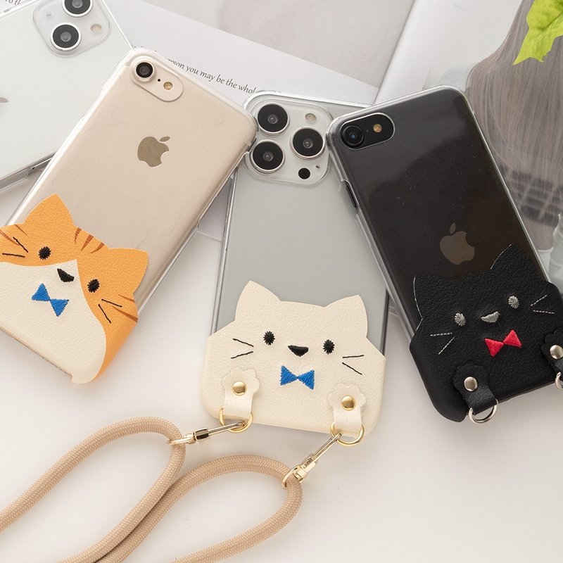 旅のお供に 全機種対応 スマホケース ちょいまる 【 刺繍 リボン 猫 】 スマホショルダー クリア 茶白 キジ白 黒猫 A215I - 手機殼/手機套 - 真皮 透明