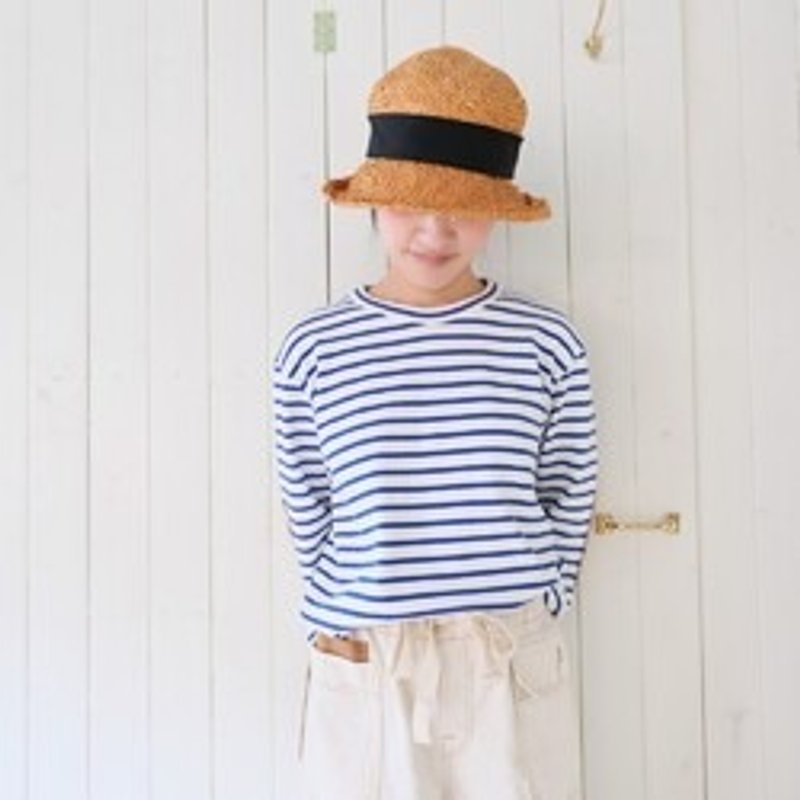 [Quick delivery♪] Elbow patch long sleeve striped shirt, white x blue - Women's Tops - Cotton & Hemp 