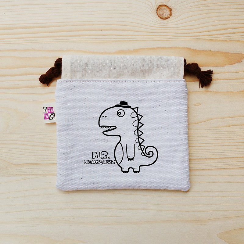 Mr. Dinosaurドローストリングポケット（小） - ポーチ - コットン・麻 ブラック