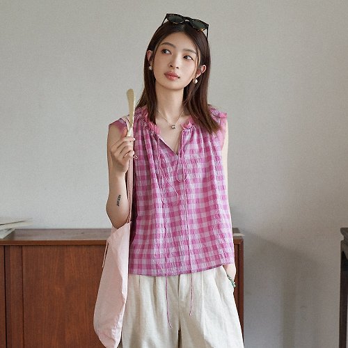 Sora 玫紅格紋無袖襯衫|襯衫|夏款|Sora-1500