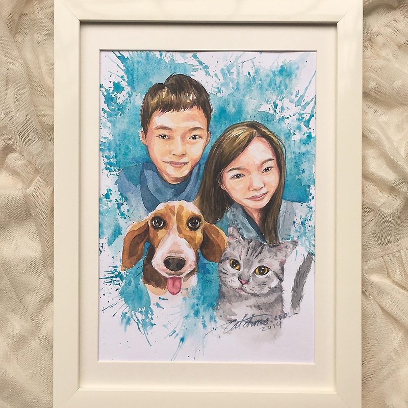 A4 pet and owner custom painting (without frame) - ภาพวาดบุคคล - กระดาษ สีน้ำเงิน