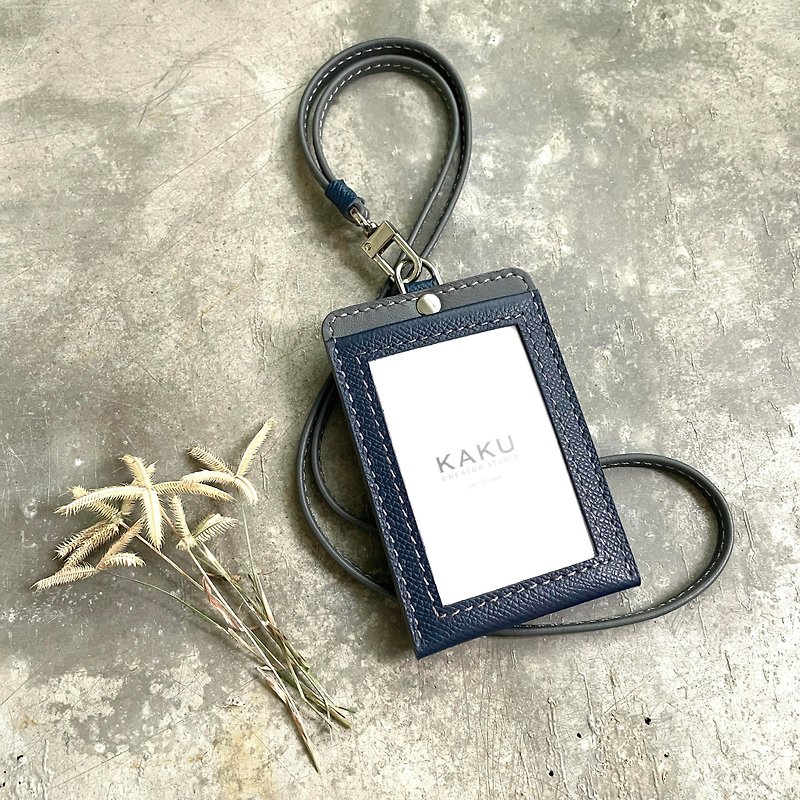 Identification card holder leisurely travel card holder ID holder dark blue palm print / gray - ที่ใส่บัตรคล้องคอ - หนังแท้ สีน้ำเงิน